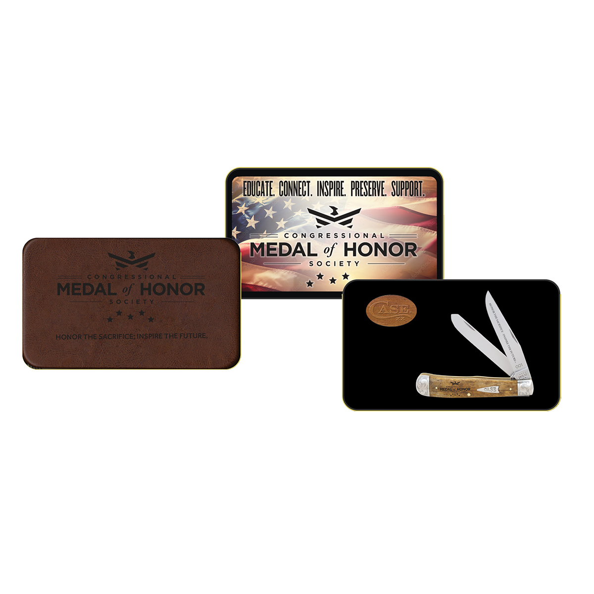 MEDAL OF HONOR SERIALIZED & SCROLLED ANTIQUE BONE TRAPPER GIFT SET